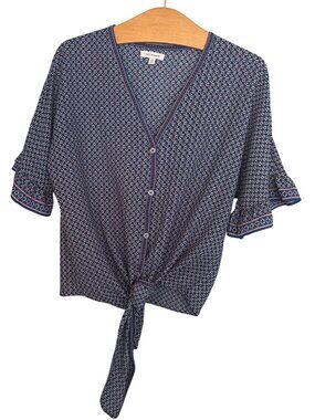 Max Studio Blue Tie Front Blouse Women’s Small Short Sleeve Boho Celestial Print
